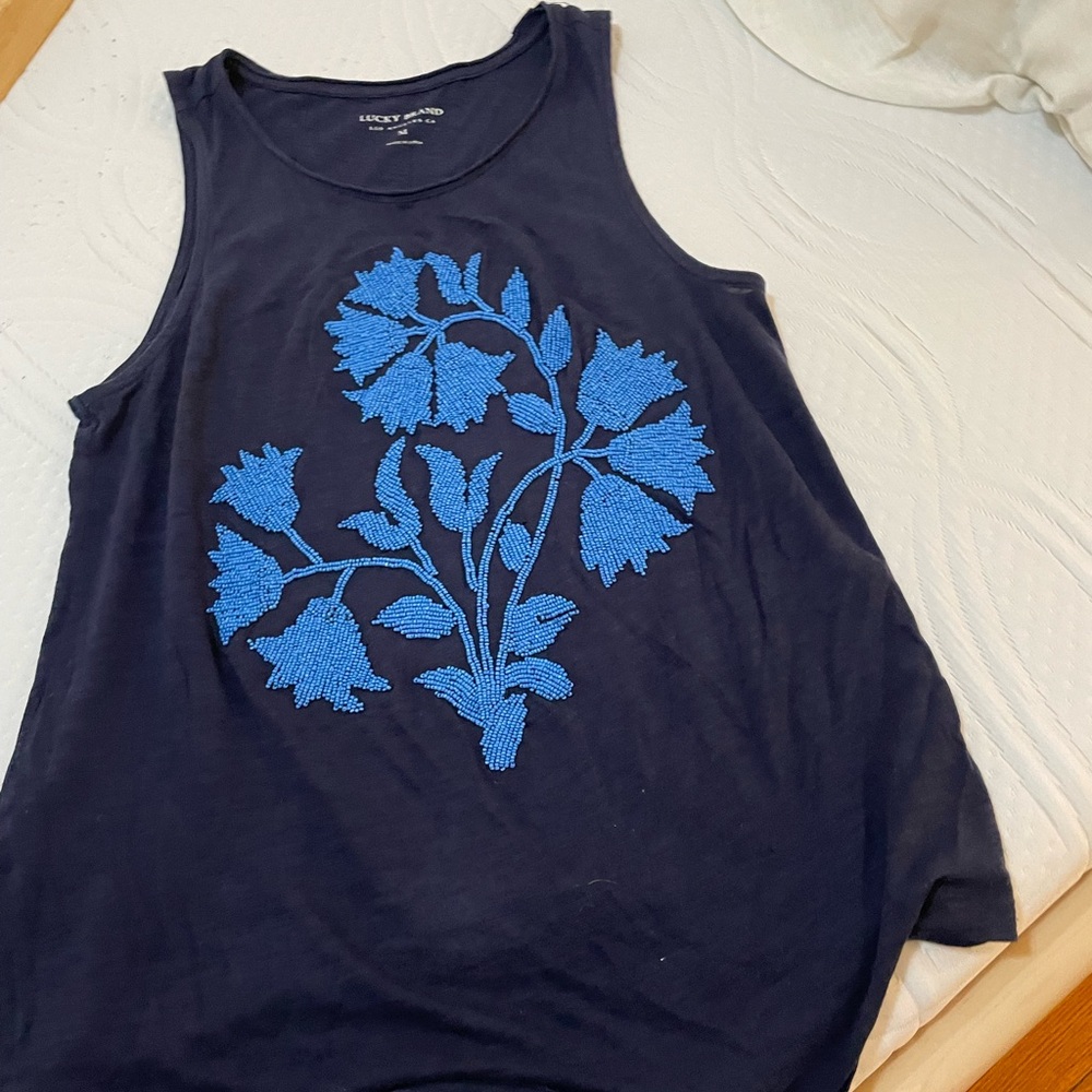 Lucky Brand M turquoise beaded Navy top